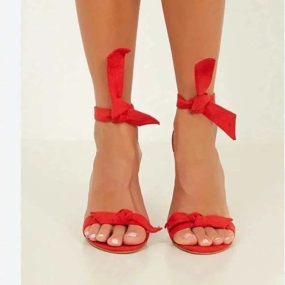BILLINI Red high ,chunky heel suede shoes with bow & ankle wrap adjustable ties - Picture 3 of 14